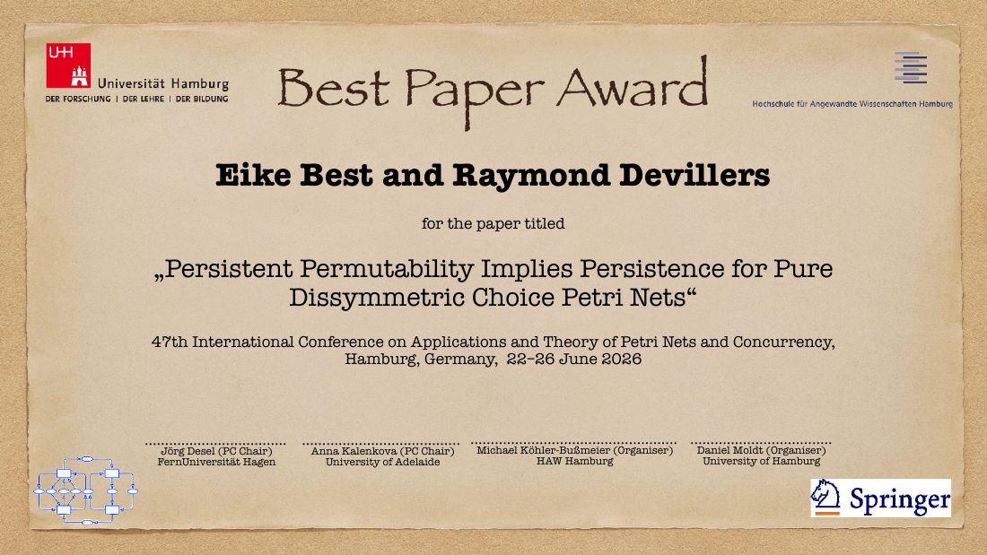 Best Paper Award certificate for Eike Best and Raymond Devillers