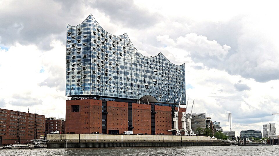 Elbphilharmonie at night, seen from the Elbe